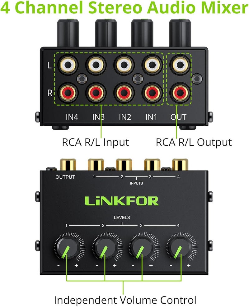 LiNKFOR 4 Channel Stereo Audio Mixer CX400 Metal Shell Support RCA Input and Output Mini Passive Stereo Mixer with Separate Volume Controls - Image 2